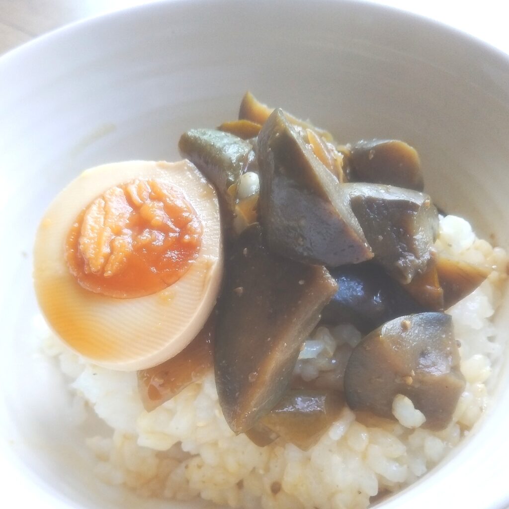 夏野菜の煮びたしに一緒に入れておいたゆで卵(簡単味玉)と、煮びたしをご飯に盛り付けた様子。